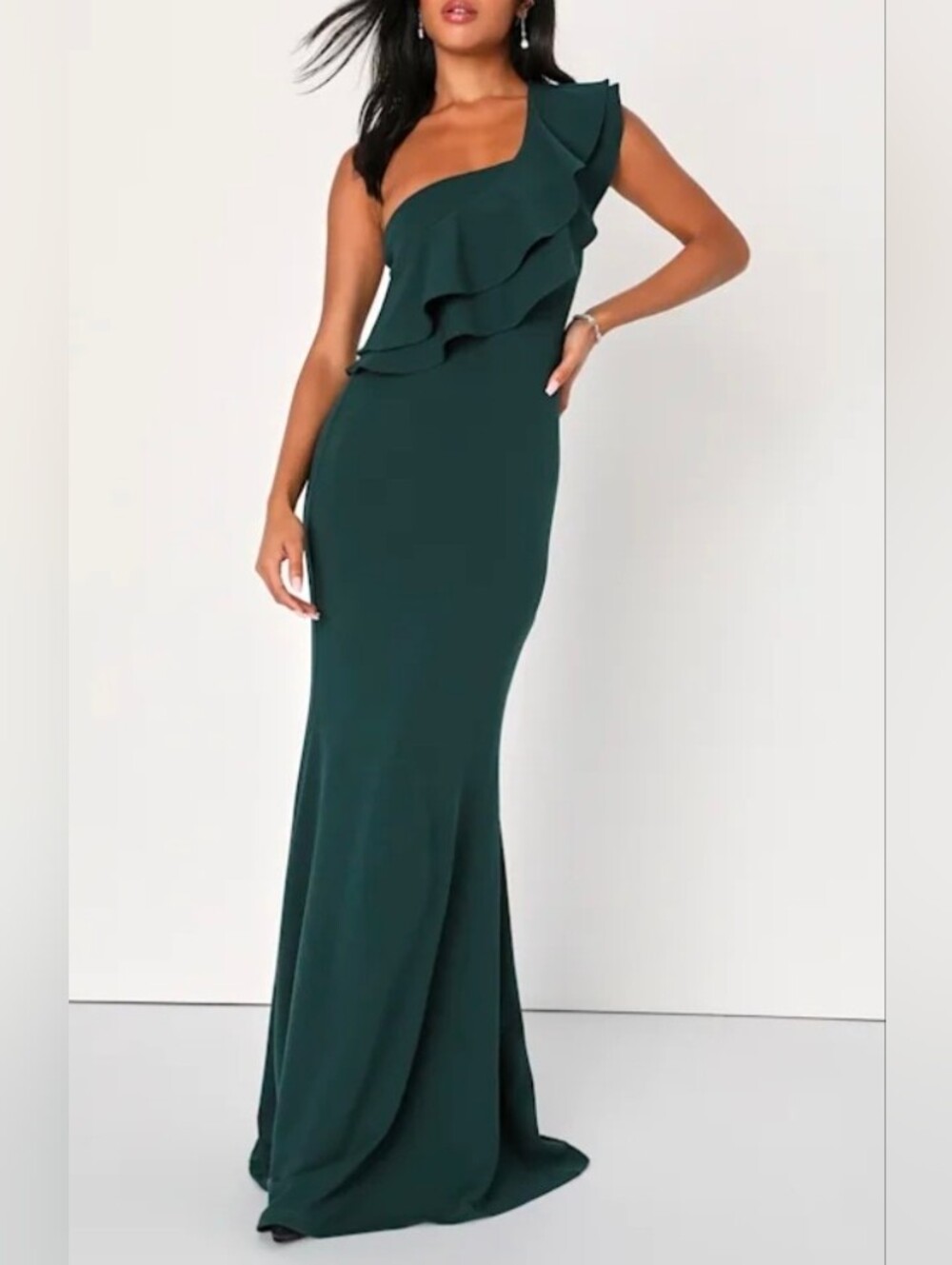 Lulus Green Gala One-Shoulder Ruffle Maxi Dress NWT Size Large Formal Evening
